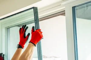 removed triple glazed window glass unit leaning near frame after replacement in apartment. broken insulated glass panel removal and window repair process concept.