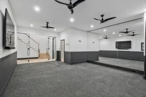 gym entrance doors in matte black with upgrade handle and gym mirrors fisher vienna custom home